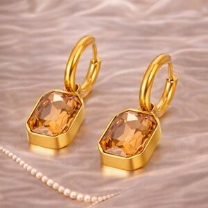 Anthropologie Elegant Gold Hoop Earrings with Amber Gemstone
